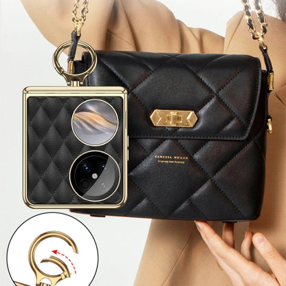 For Huawei Pocket 2 GKK Rhombus Pattern Electroplated Leather Phone Case with Ring(Black)