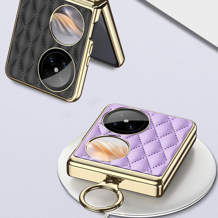 For Huawei Pocket 2 GKK Rhombus Pattern Electroplated Leather Phone Case with Ring(Black)