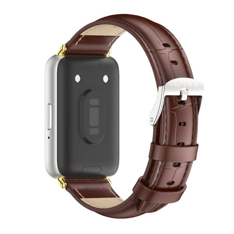 For Samsung Galaxy Fit 3 Mijobs Dual-sided Genuine Leather Watch Band(Bamboo Coffee Gold)