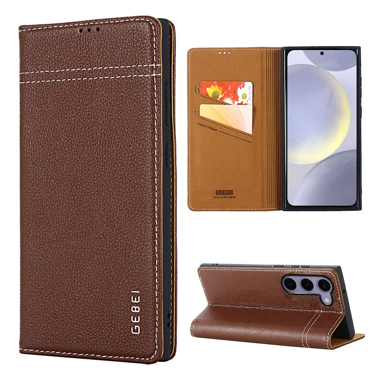 For Galaxy S24+ 5G GEBEI Top-grain Horizontal Flip Leather Phone Case(Brown)