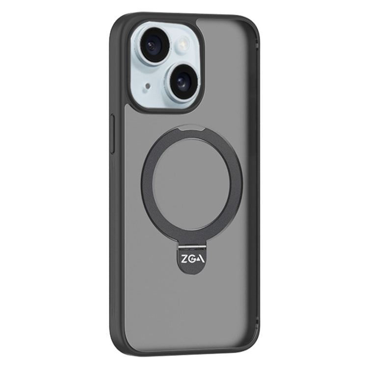 For iPhone 15 ZGA Magsafe Holder PC Hybrid TPU Phone Case(Black)