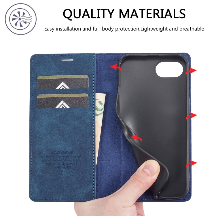 For iPhone 17e / 16e LC.IMEEKE Strong Magnetism Microfiber Leather Phone Case(Blue)