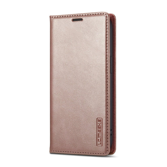 For iPhone 17e / 16e LC.IMEEKE Strong Magnetism Microfiber Leather Phone Case(Rose Gold)