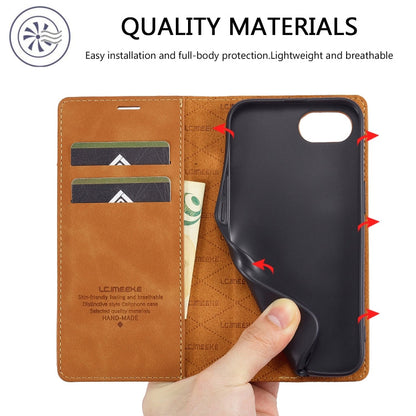 For iPhone 17e / 16e LC.IMEEKE Strong Magnetism Microfiber Leather Phone Case(Brown)