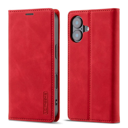 For iPhone 16 LC.IMEEKE Strong Magnetism Microfiber Leather Phone Case(Red)