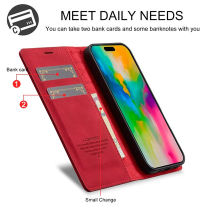 For iPhone 16 LC.IMEEKE Strong Magnetism Microfiber Leather Phone Case(Red)