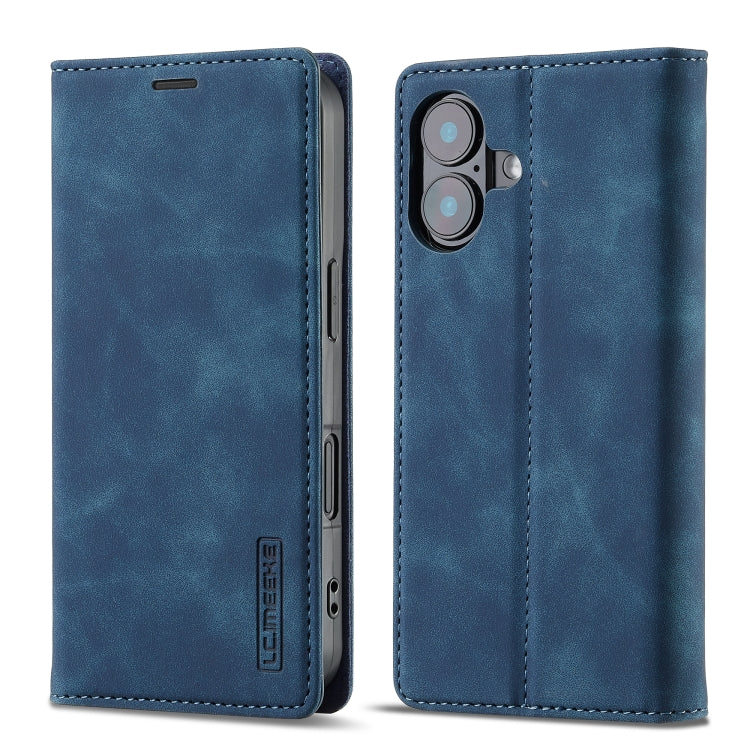 For iPhone 16 LC.IMEEKE Strong Magnetism Microfiber Leather Phone Case(Blue)
