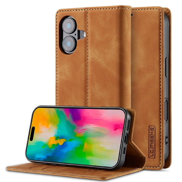 For iPhone 16 LC.IMEEKE Strong Magnetism Microfiber Leather Phone Case(Brown)