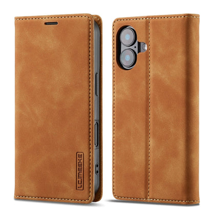 For iPhone 16 LC.IMEEKE Strong Magnetism Microfiber Leather Phone Case(Brown)