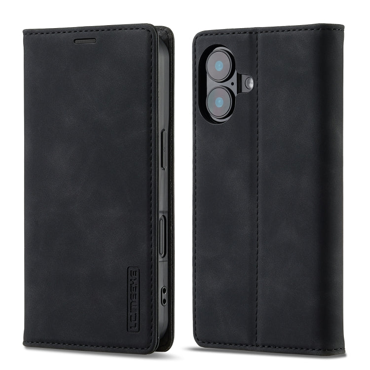 For iPhone 16 Plus LC.IMEEKE Strong Magnetism Microfiber Leather Phone Case(Black)
