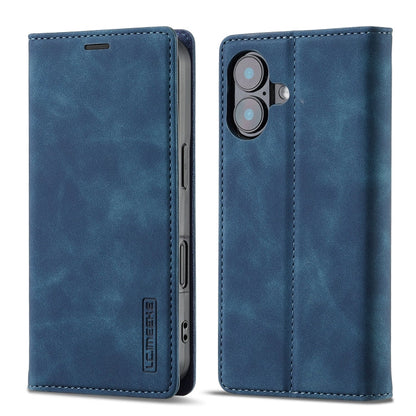 For iPhone 16 Plus LC.IMEEKE Strong Magnetism Microfiber Leather Phone Case(Blue)