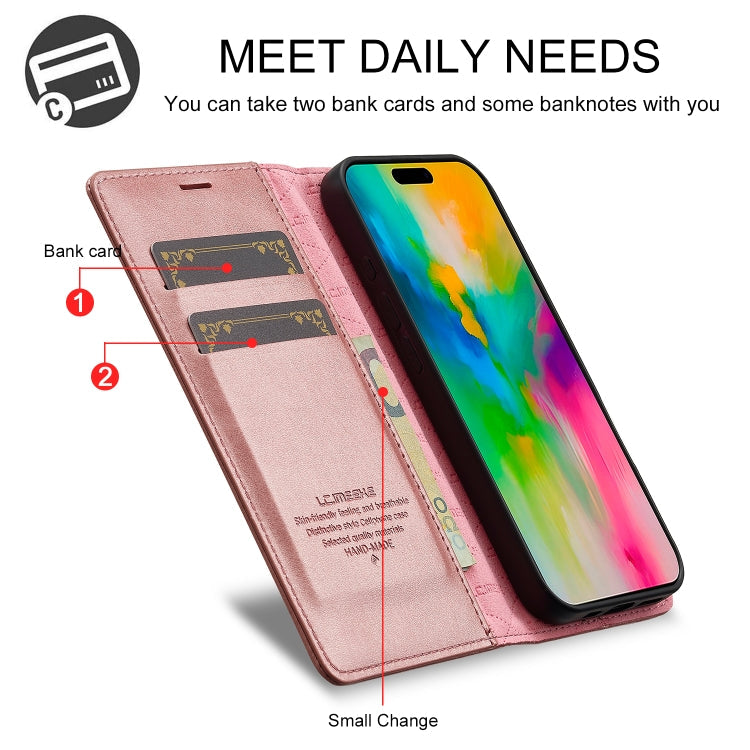 For iPhone 16 Plus LC.IMEEKE Strong Magnetism Microfiber Leather Phone Case(Rose Gold)