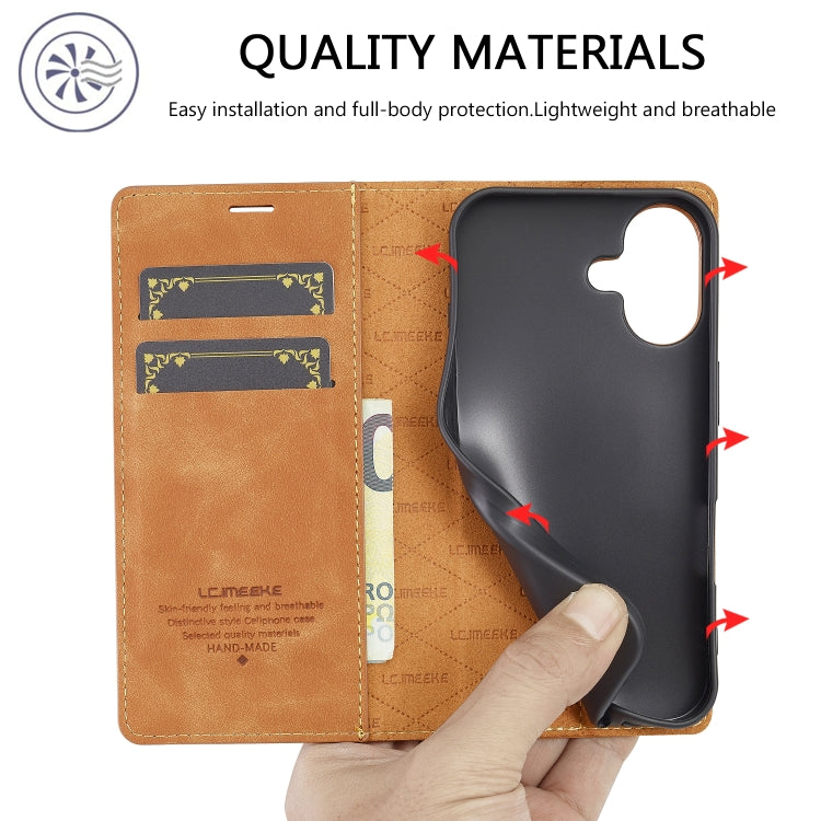 Pour iPhone 16 Plus LC.IMEEKE Étui de Téléphone en Cuir Microfibre à Fort Magnétisme (Marron)