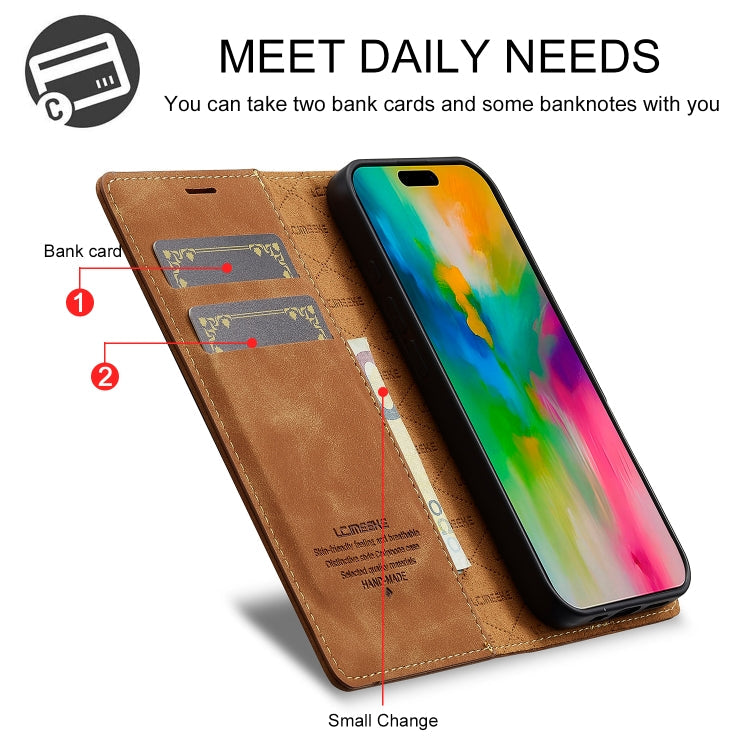 Pour iPhone 16 Plus LC.IMEEKE Étui de Téléphone en Cuir Microfibre à Fort Magnétisme (Marron)