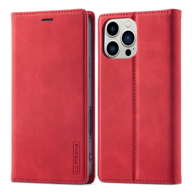 Pour iPhone 16 Pro Max LC.IMEEKE Coque de téléphone en cuir microfibre à fort magnétisme (Rouge)