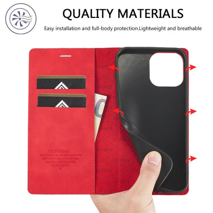 Pour iPhone 16 Pro Max LC.IMEEKE Coque de téléphone en cuir microfibre à fort magnétisme (Rouge)