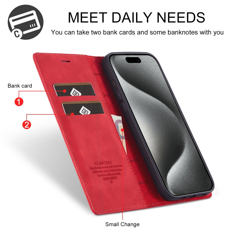 Pour iPhone 16 Pro Max LC.IMEEKE Coque de téléphone en cuir microfibre à fort magnétisme (Rouge)