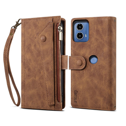 Pour Motorola Moto G34 ESEBLE Étui de téléphone en cuir givré rétro RFID (marron)