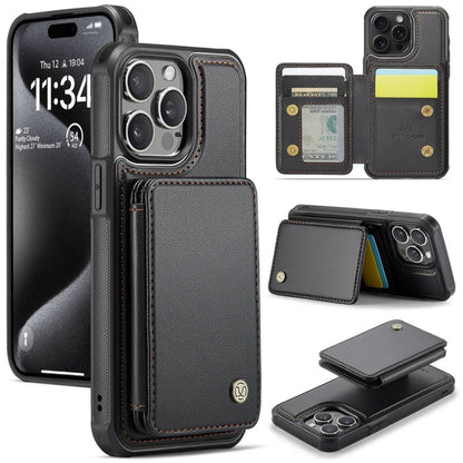 Pour iPhone 15 Pro, étui de téléphone en cuir JEEHOOD J05 de style professionnel avec RFID et aimant (noir)