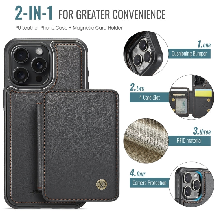Pour iPhone 15 Pro, étui de téléphone en cuir JEEHOOD J05 de style professionnel avec RFID et aimant (noir)