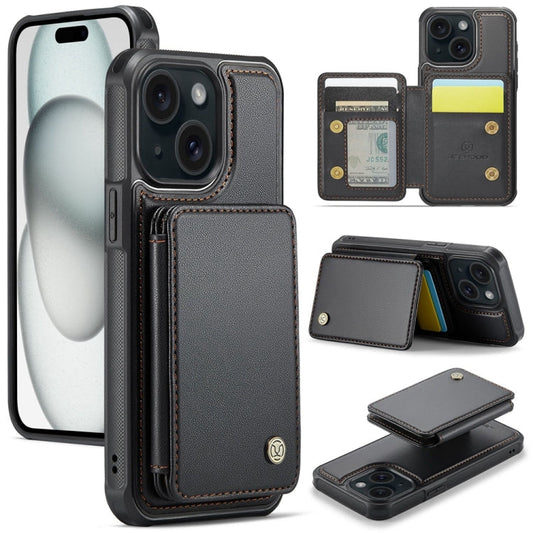Pour iPhone 15 JEEHOOD J05 Étui de Téléphone en Cuir RFID Style Magnétique Business (Noir)