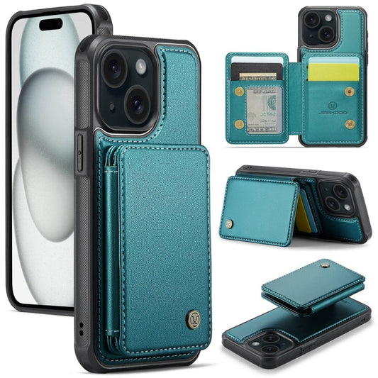 Pour iPhone 15 Coque de téléphone en cuir RFID de style magnétique JEEHOOD J05 Business (Bleu Vert)