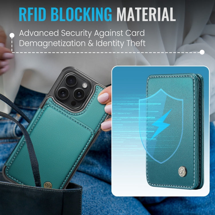 For iPhone 15 JEEHOOD J05 Business Magnetic Style RFID Leather Phone Case(Blue Green)