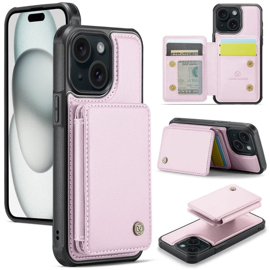 Pour iPhone 15 Coque de téléphone en cuir JEEHOOD J05 style professionnel magnétique RFID (rose)