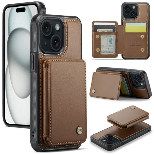 Pour iPhone 15 JEEHOOD J05 Étui de Téléphone en Cuir RFID Style Magnétique Business (Marron)