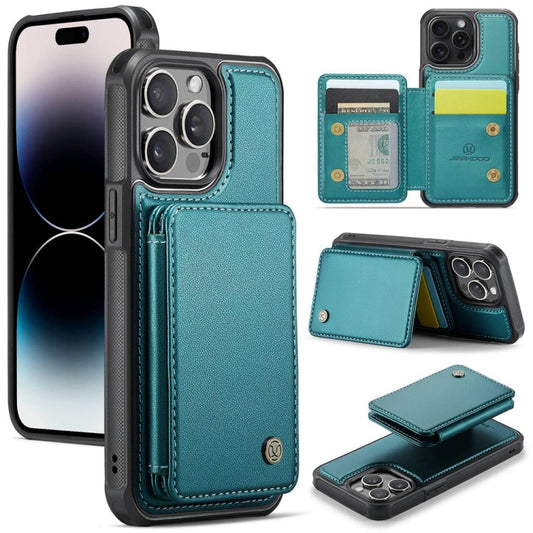 Pour iPhone 14 Pro, étui de téléphone en cuir JEEHOOD J05 Business Style magnétique RFID (Bleu Vert)