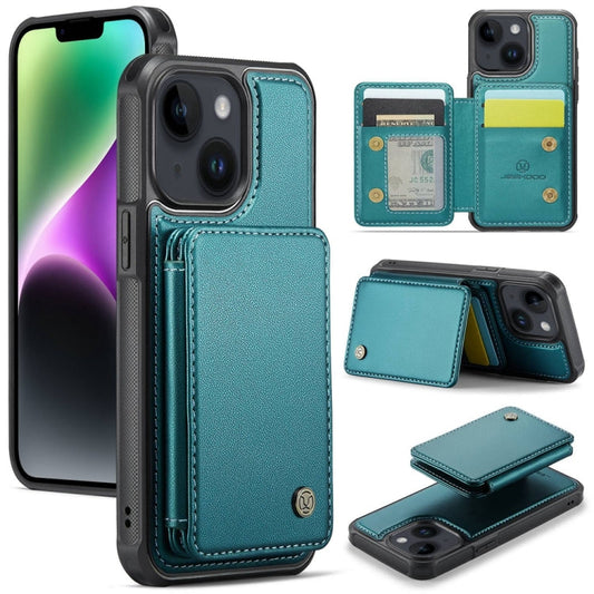 Pour iPhone 14 Plus JEEHOOD J05 Housse de téléphone en cuir RFID de style professionnel magnétique (Bleu Vert)