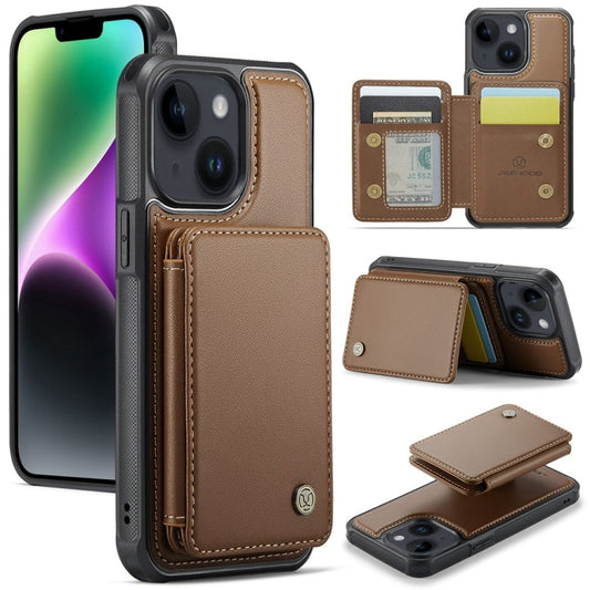 Pour iPhone 14 Plus JEEHOOD J05 Étui de Téléphone en Cuir Style Magnétique Business RFID (Marron)