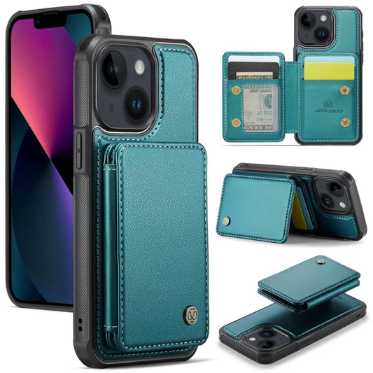 Pour iPhone 13 JEEHOOD J05 Étui de Téléphone en Cuir RFID à Style Magnétique Professionnel (Bleu Vert)