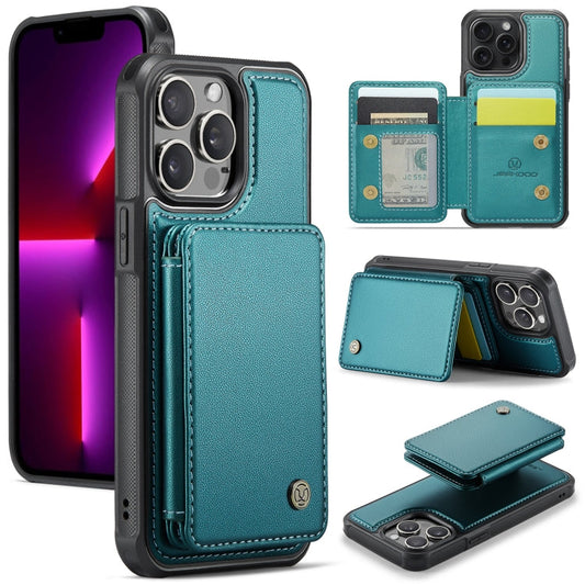 Pour iPhone 13 Pro Étui de téléphone en cuir RFID JEEHOOD J05 style affaires magnétique (Bleu Vert)