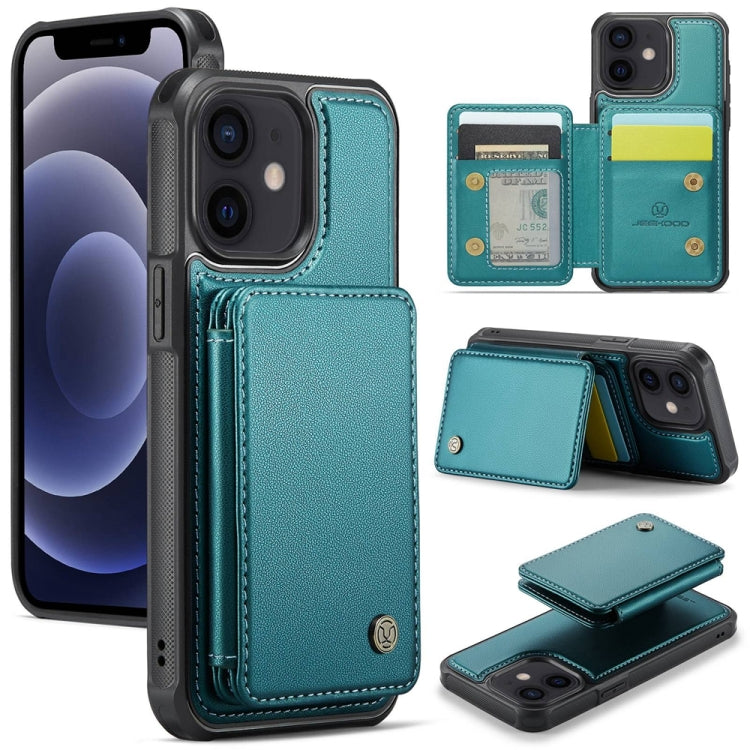 Pour iPhone 12 / 12 Pro Étui portefeuille en cuir JEEHOOD J05 style professionnel avec RFID (Bleu-Vert)