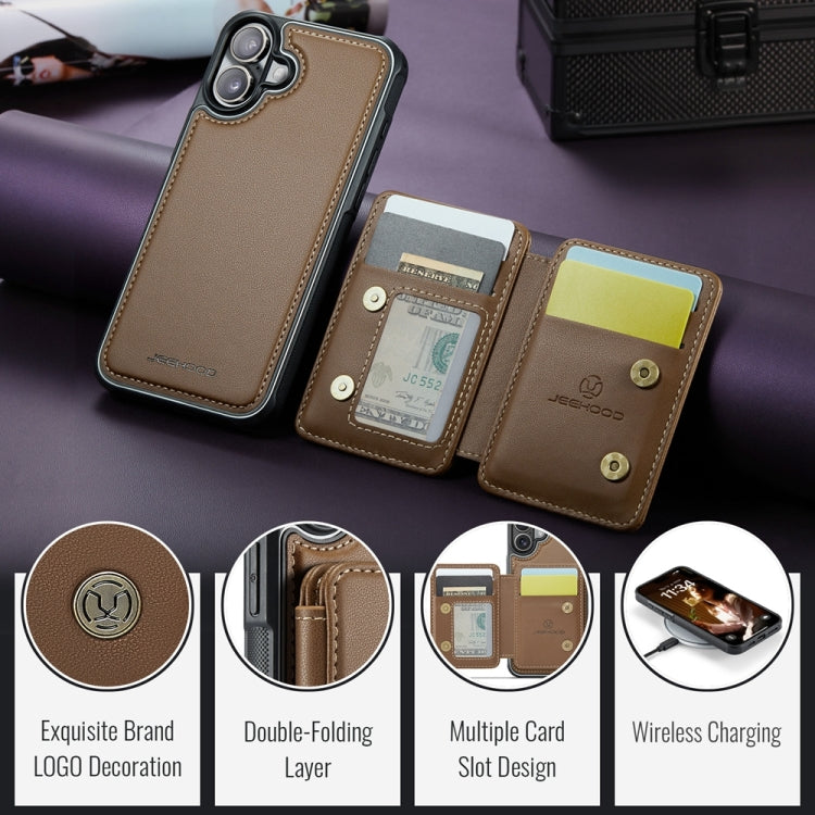 For iPhone 16 Plus JEEHOOD J05 Business Magnetic Style RFID Leather Phone Case(Brown)