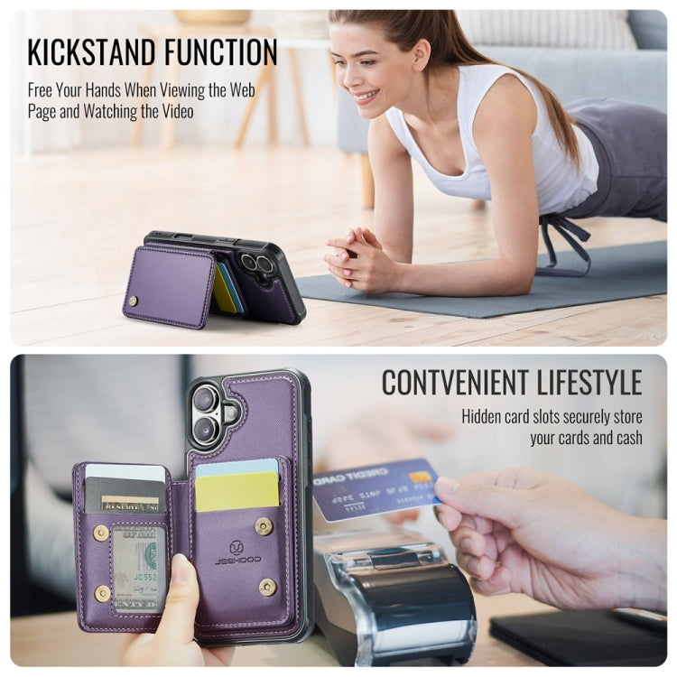 For iPhone 16 JEEHOOD J05 Business Magnetic Style RFID Leather Phone Case(Purple)