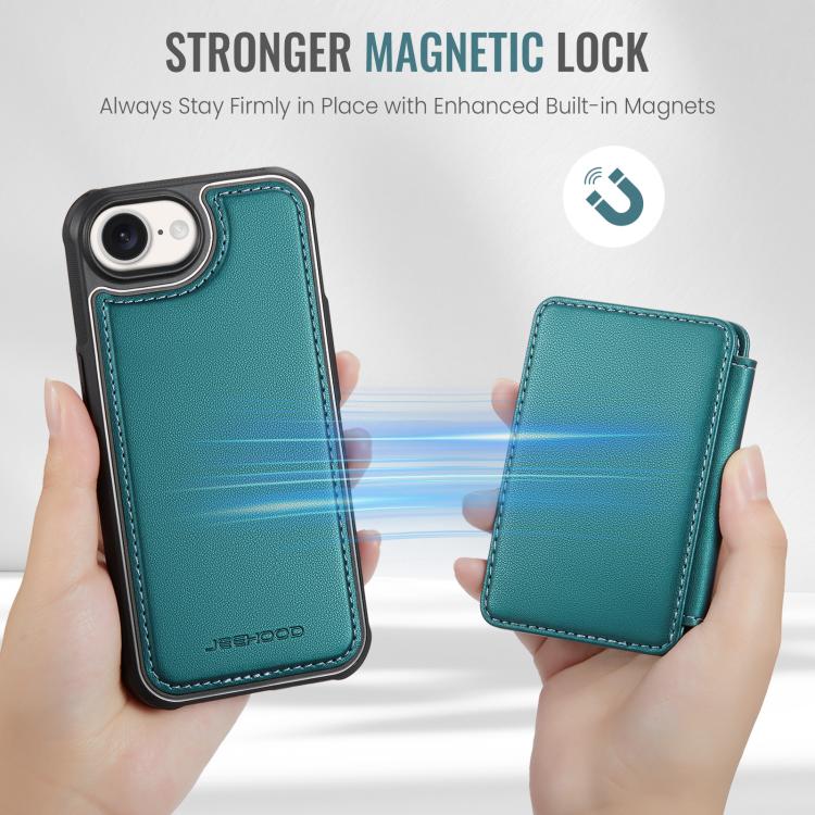 For iPhone 17e / 16e JEEHOOD J05 Business Magnetic Style RFID Leather Phone Case(Blue Green)