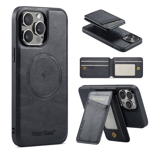 For iPhone 15 Pro Max Fierre Shann Cowhide Vertical Flip Magnetic Card Holder Phone Case(Black)