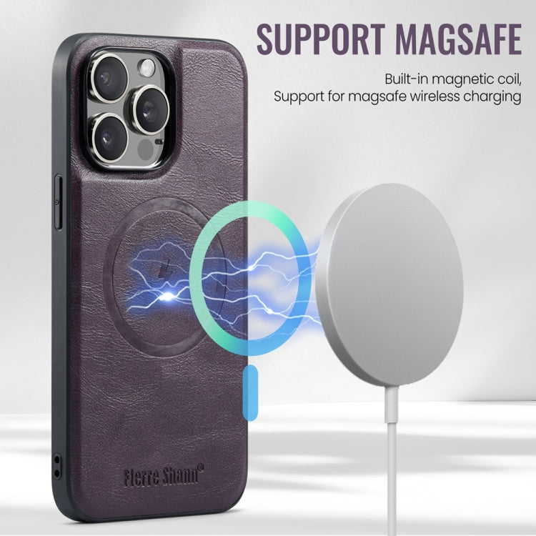 For iPhone 15 Pro Max Fierre Shann Cowhide Vertical Flip Magnetic Card Holder Phone Case(Purple)