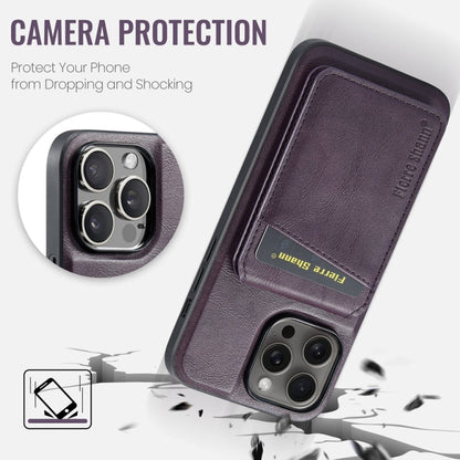 For iPhone 15 Pro Fierre Shann Cowhide Vertical Flip Magnetic Card Holder Phone Case(Purple)
