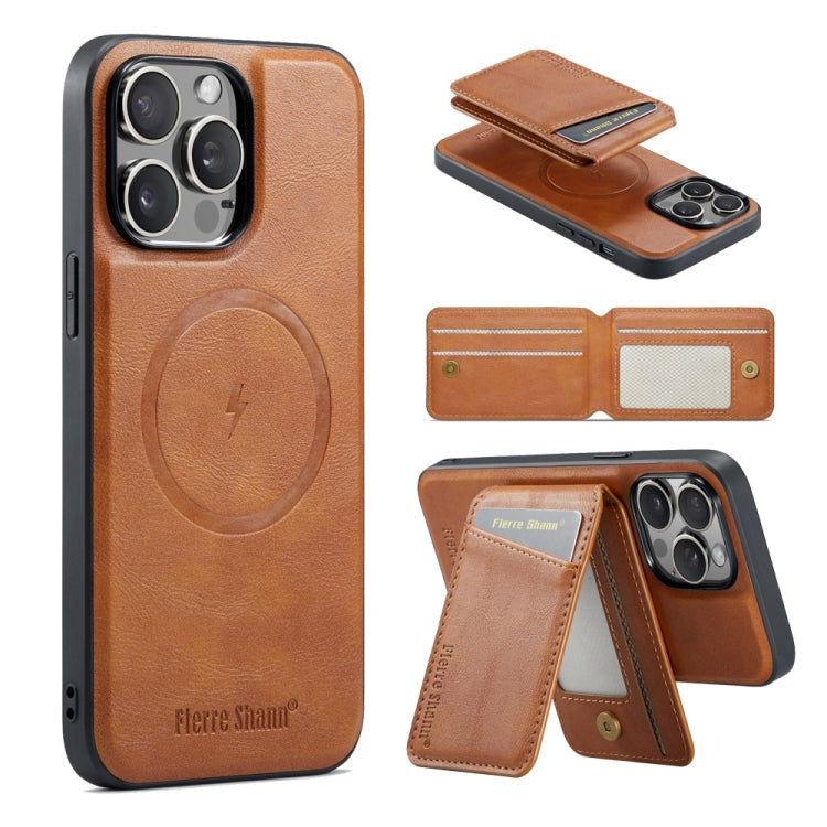 For iPhone 14 Pro Max Fierre Shann Cowhide Vertical Flip Magnetic Card Holder Phone Case(Brown)