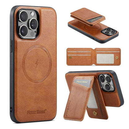 For iPhone 14 Pro Max Fierre Shann Cowhide Vertical Flip Magnetic Card Holder Phone Case(Brown)