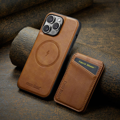 For iPhone 14 Pro Max Fierre Shann Cowhide Vertical Flip Magnetic Card Holder Phone Case(Brown)