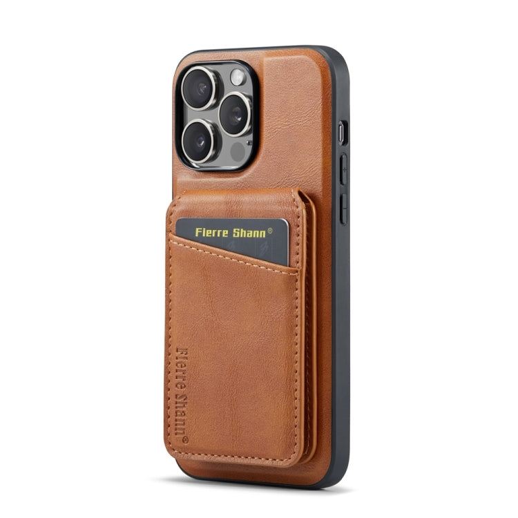 For iPhone 14 Pro Max Fierre Shann Cowhide Vertical Flip Magnetic Card Holder Phone Case(Brown)