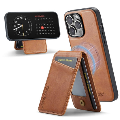 For iPhone 14 Pro Max Fierre Shann Cowhide Vertical Flip Magnetic Card Holder Phone Case(Brown)