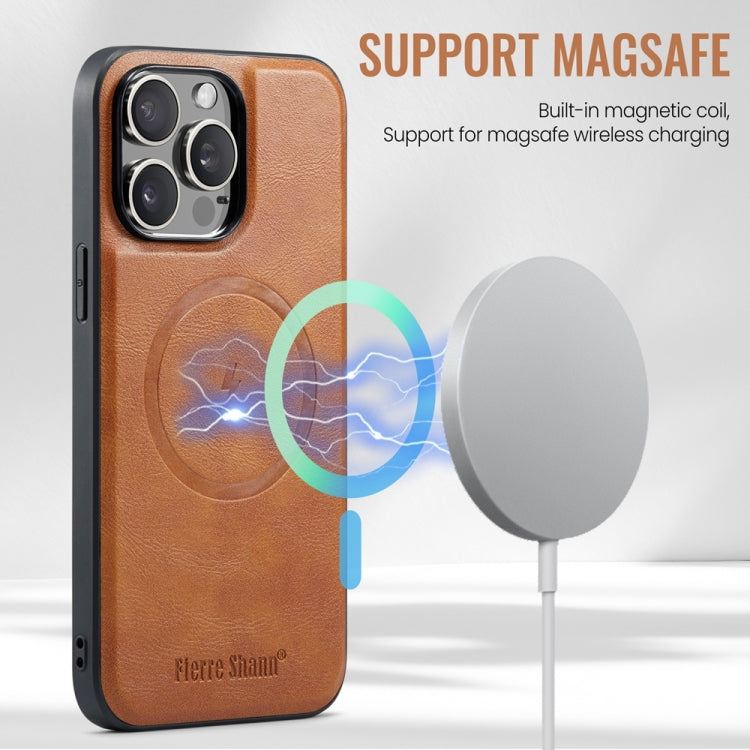 For iPhone 14 Pro Max Fierre Shann Cowhide Vertical Flip Magnetic Card Holder Phone Case(Brown)