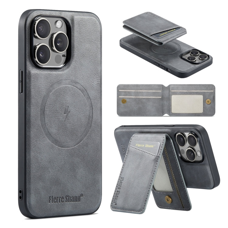 For iPhone 14 Pro Max Fierre Shann Cowhide Vertical Flip Magnetic Card Holder Phone Case(Grey)