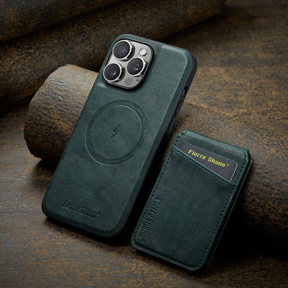 For iPhone 14 Pro Fierre Shann Cowhide Vertical Flip Magnetic Card Holder Phone Case(Green)