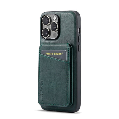 For iPhone 14 Pro Fierre Shann Cowhide Vertical Flip Magnetic Card Holder Phone Case(Green)